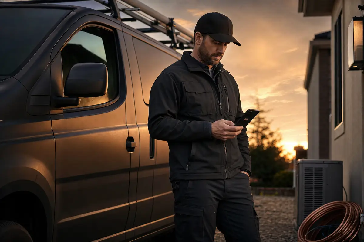 HVAC owner reviewing booked opportunities beside a service van at dusk