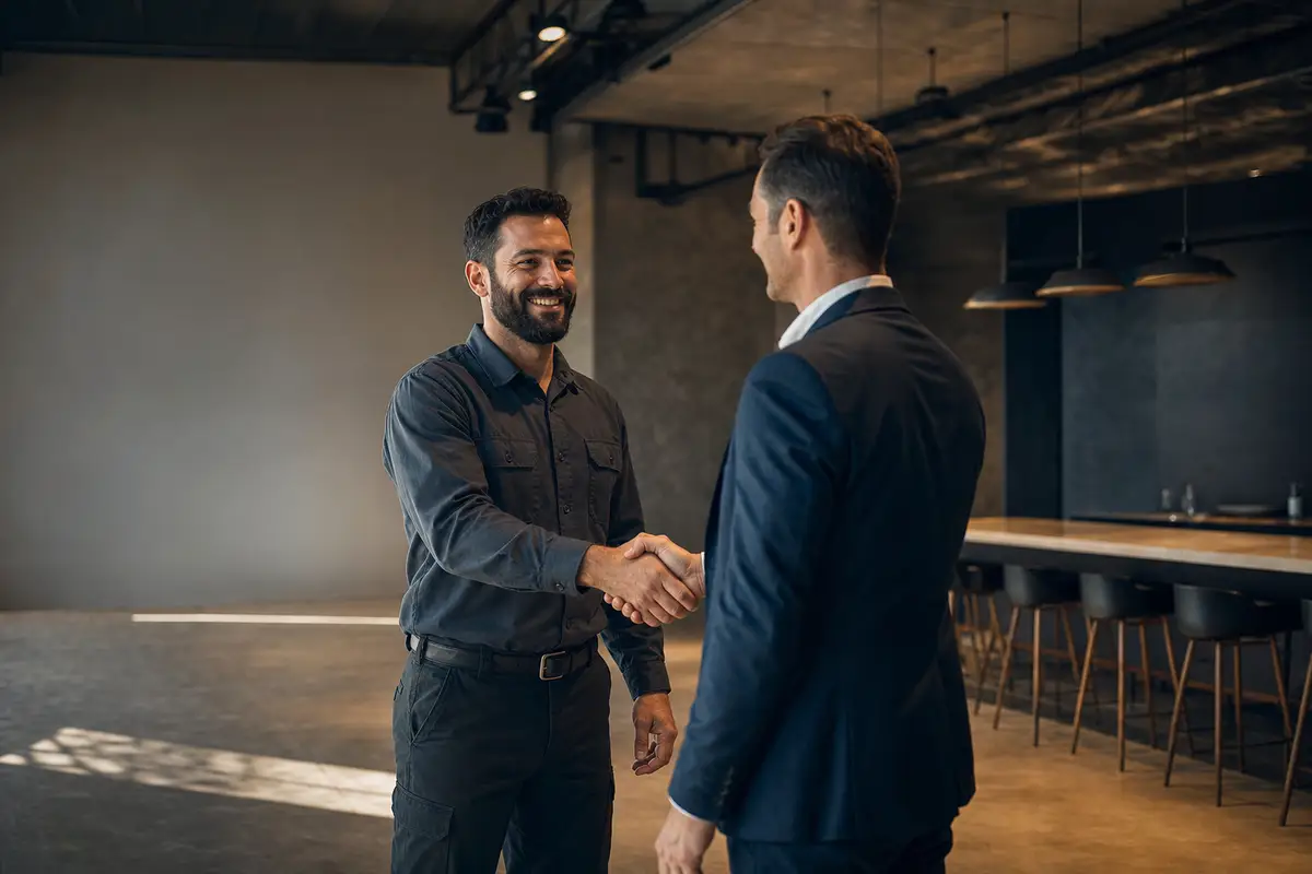 Business owner celebrating a successful customer conversation